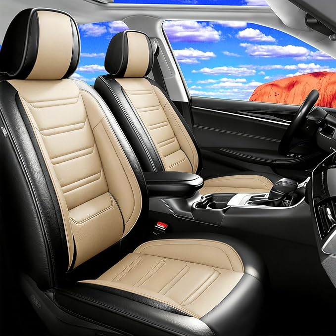 Fit CX-5 Car Seat Covers for Select Mazda CX5 2013-2024 2025 2026 - Premium Full Coverage Leather, Airbag Compatible, Waterproof & All Weather Seat Protector, Front Pair Black+Beige
