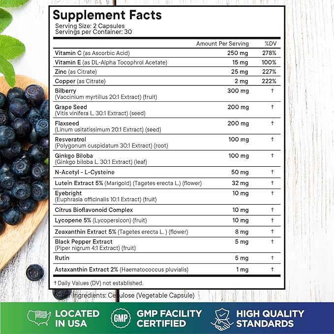 Superfood MD Eye Health Vitamins with Bilberry Lutein & Zeaxanthin Lycopene 40mg Resveratrol Grape Seed Extract Astaxanthin- AREDS 2 - Eye Vitamin - 120 Capsules