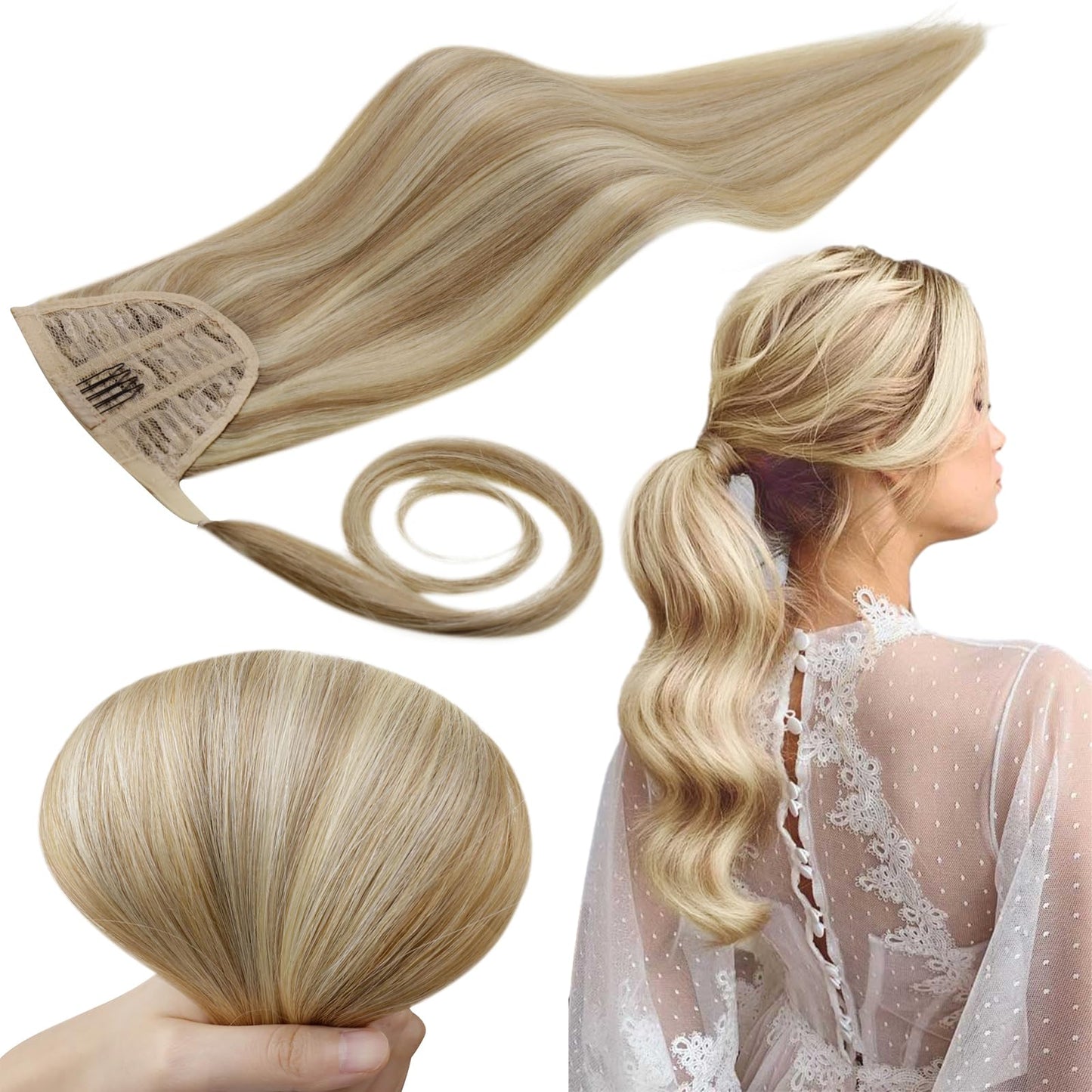 Runature 16 Inch Ponytail Extension Human Hair Blonde Clip In Ponytail Hair Extensions Straight Remy Pony Tails Hair Extensions