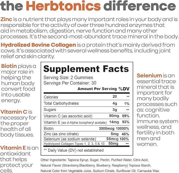Herbtonics Multi Collagen Gummies Type 1,2,3,5 & 10 with Biotin for Hair Growth, Skin, Nails - Korean Red Panax Ginseng 1500mg - High Potency Ginseng for Energy, Performance & Immune Support for Men