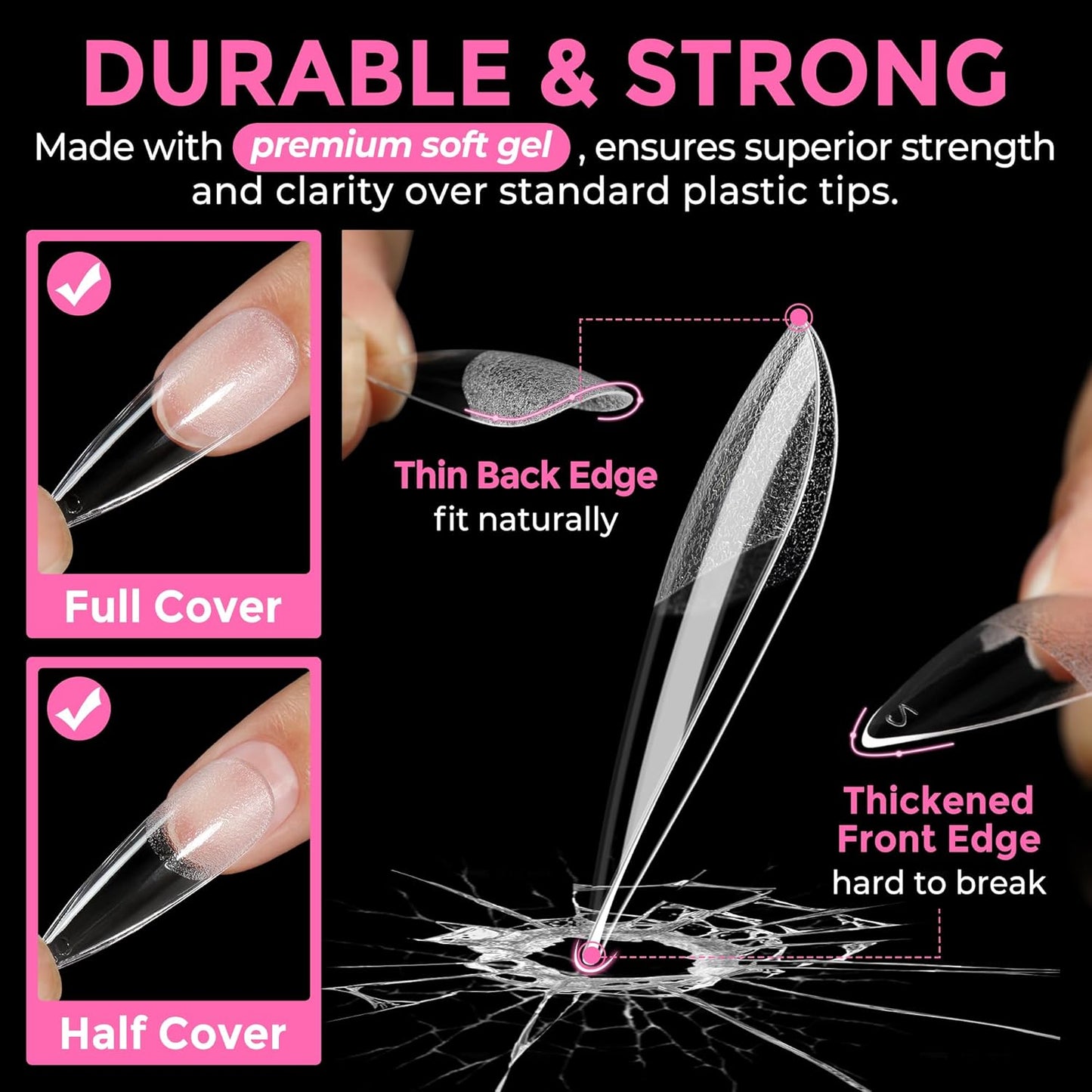 Almond Press-On Nails | 216 Pcs Full Cover Acrylic Tips | DIY Nail Extensions