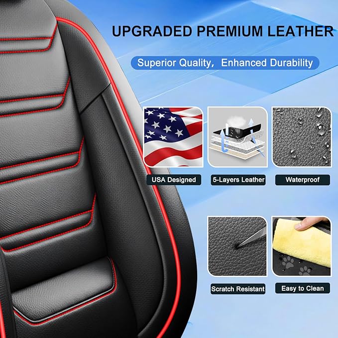 Fit CX-3 Car Seat Covers for Select Mazda CX3 2016-2024, Premium Full Coverage Leather, Airbag Compatible & Scratch-Resistant, Waterproof All Weather Seat Protector, Full Set, Red Trim