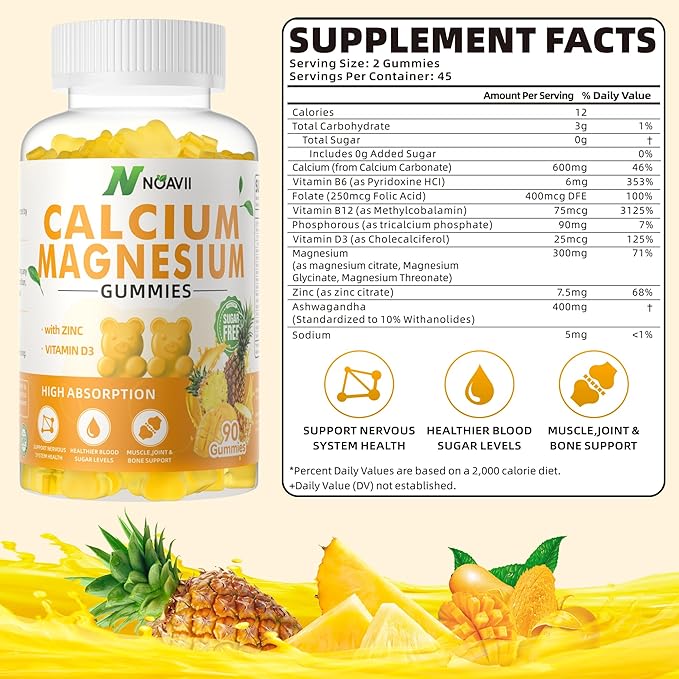 Calcium Magnesium Zinc Gummies with Vitamin D3, ashwagandha Supplement - High Potency Enhanced Absorption - Pineapple Flavor-90 Count