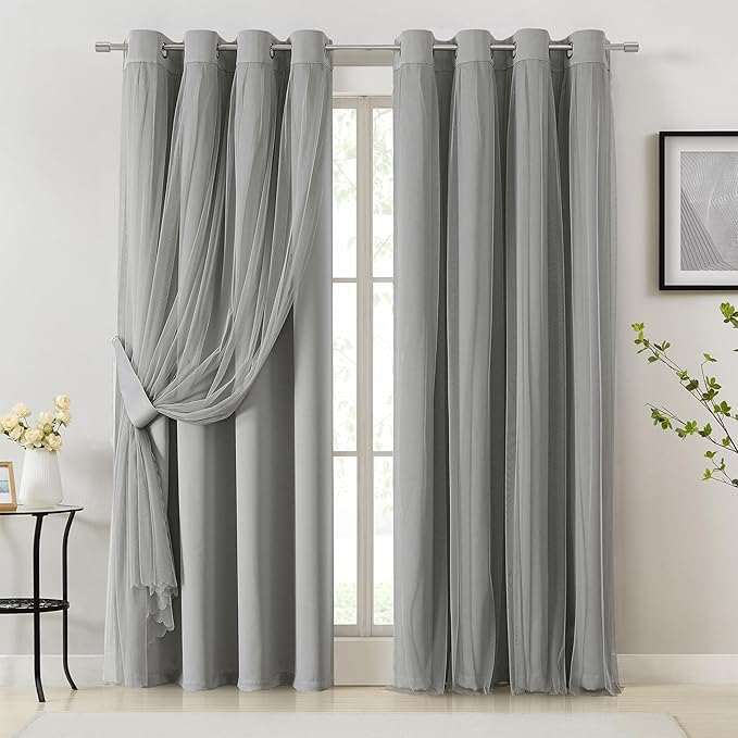 Bujasso Grey 90% Blackout Curtains with Sheer Overlay Mix and Match Double Layer Window Curtains Thermal Insulated 90 inch for Living Room Bedroom Gray Drapes with Tiebacks Grommet Top 54" Wx90 Lx2