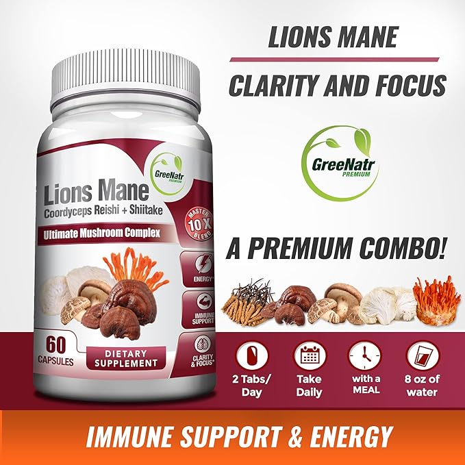 Complete Mushroom Supplement -10 in 1 Complex with Lions Mane, Cordyceps, Shiitake, Chaga, Turkey Tail for Immune Support, Memory, Focus & Natural Energy Booster - 60 Capsules (1 Bottle)
