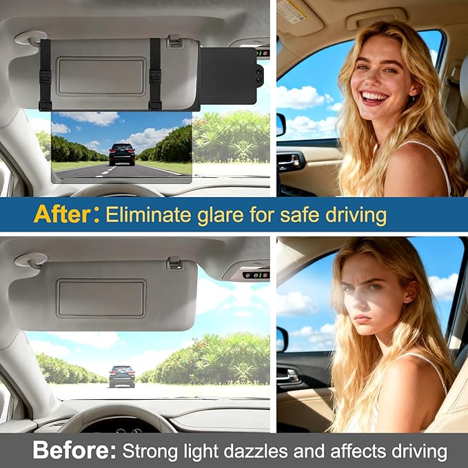 Veharvim Sun Visor Extender for Car (Polarized, UV400, PC Lens, Side Sunshade, Straps&Adjusters), Car Visor Extender Sun Blocker, Visor Extender Attachment, Anti-Glare for Safe Driving(Driver Side)