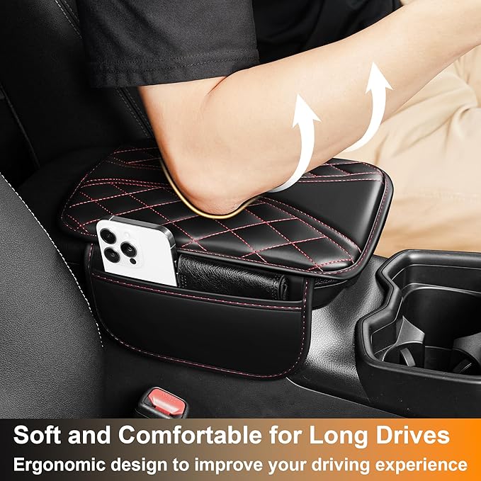Car Center Console Cover Fit for Jeep Renegade - Leather Armrest Covers with 2 Storage Pockets(Black&Red)