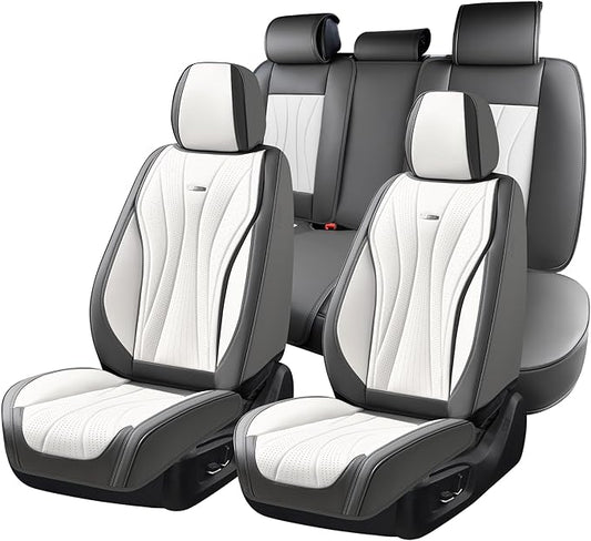 Coverado Front and Back Seat Covers, Waterproof Car Seat Cover, 5 Seat Leather Seat Cover for Cars, Universal Car Seat Protector, Automotive Seat Cover Car Seat Cushion Fit for Most Cars (Gray&White)