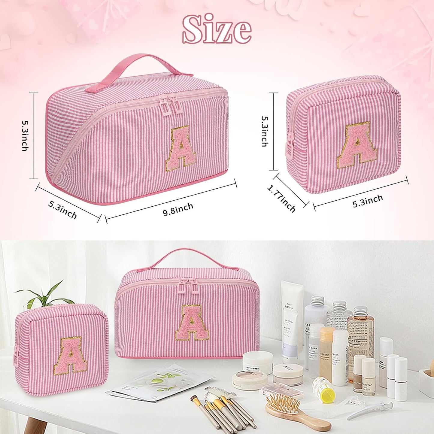 Travel Makeup Bag for Women, 2Pcs Portable Personalized Initial Makeup Organizer Bag, Open Flat Large Cosmetic Bag With Travel Essential Pouch (Pink Letter V)