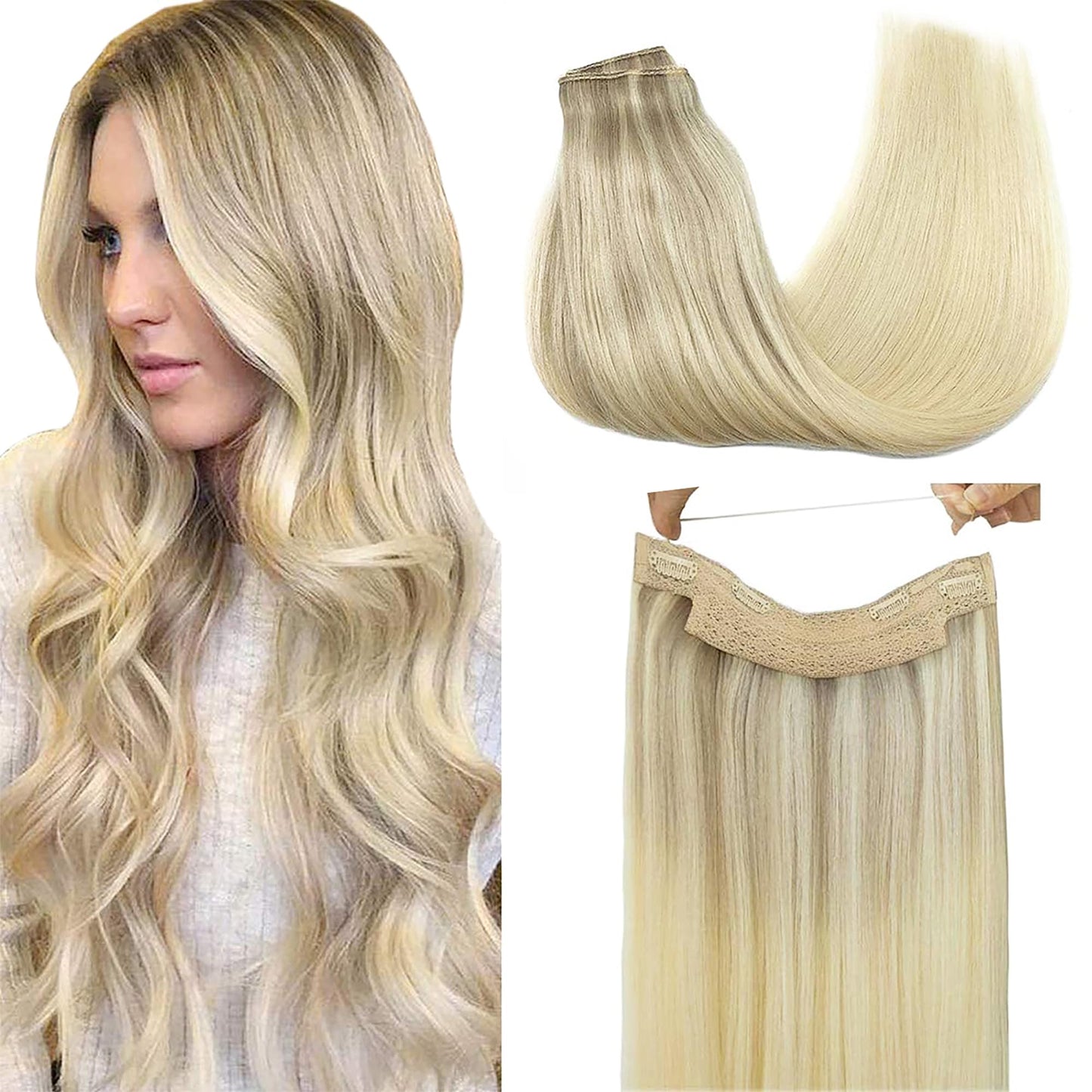 Goo Goo Wire Hair Extensions Human Hair, 17/22/60 Ash Blonde With Golden Blonde And Platinum Blonde Balayage 18Inch 95G, Invisib