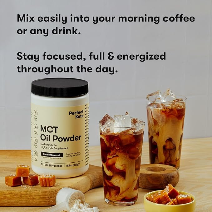 Perfect Keto 7g MCT Oil Powder, Medium Chain Triglycerides Supplement, Non Dairy Coffee Creamer for Keto Diet, Ketogenic MCT Oil Mix for Coffee, Smoothie, Protein Shakes, Salted Caramel, 30 Servings