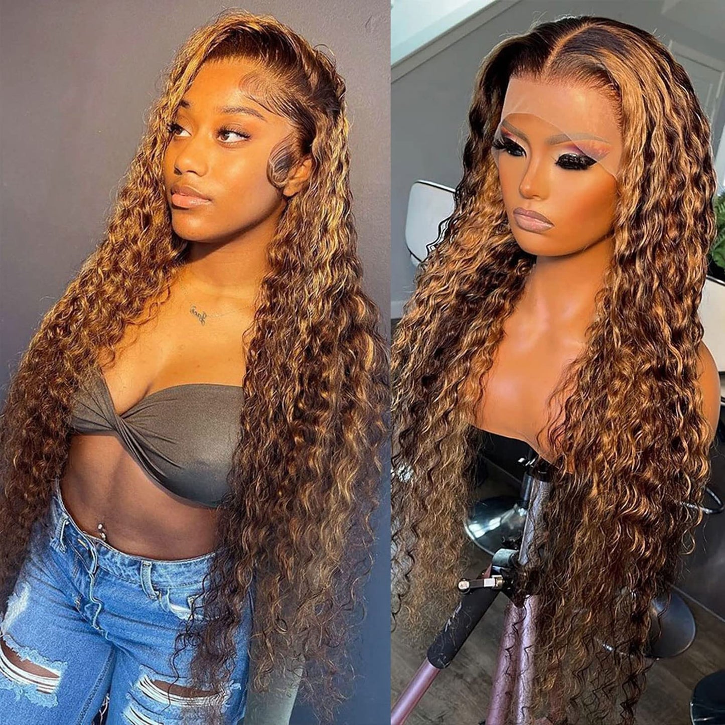 Daules Highlight Lace Front Wigs Human Hair P4/27 Highlight Ombre 13X4 Deep Wave Frontal Wig For Women 180% Density 100% Human H