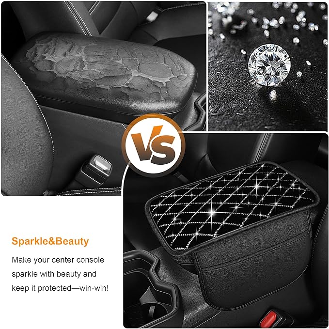 Bling Armrest Cover for Car Compatible with Jeep Compass - Center Console Cover with 2 Storage Pockets and Crystal Diamond(Black)