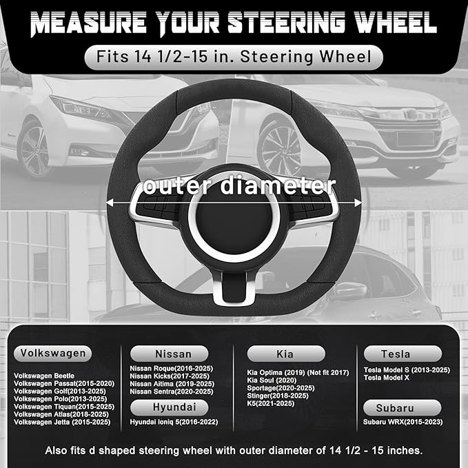 SEG Direct Flat Bottom Steering Wheel Cover, D Shaped Car Wheel Cover 14 1/2-15 in. (37-39 cm), Black Microfiber Leather