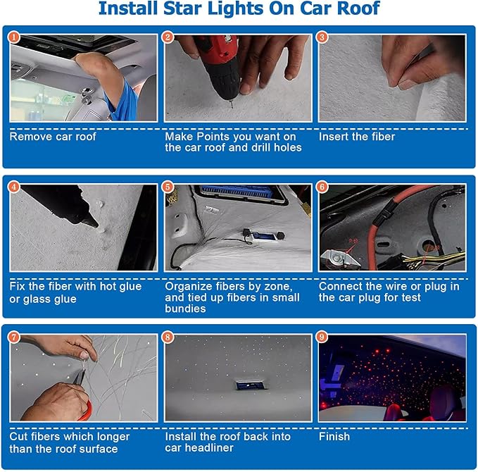 AZIMOM Mini 6W Twinkle 600pcs0.03in 13.1ft Fiber Optic Starlight Headliner+180pcs Pure White Meteor Shooting Star for Car Home, End Glow Fiber Strands Sound-Activated APP& Remote Control