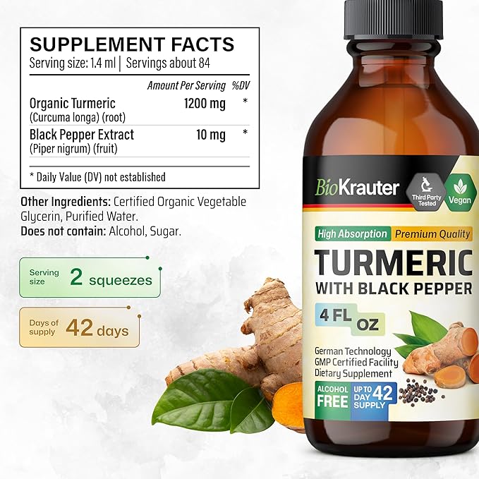 BIO KRAUTER Turmeric Supplement Tincture - 1200 mg Turmeric Curcumin with Black Pepper Extract - Alcohol and Sugar Free - Vegan Drops 4 Fl.Oz.