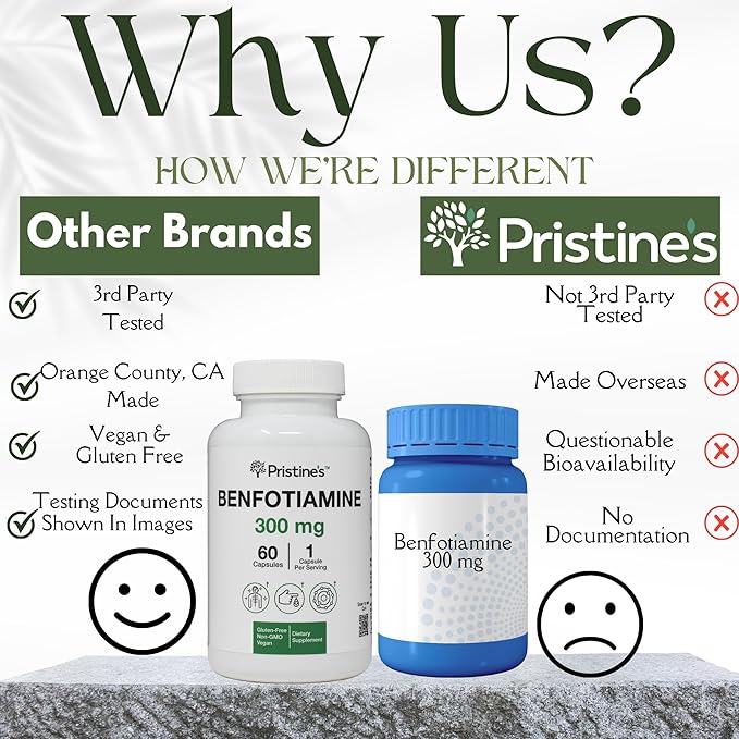 PRISTINE'S Benfotiamine 300mg High Bioavailability Nerve Support Supplement - 60 Day Supply - Fat Soluble Vitamin B1 Supplements - Vegan - Non-GMO