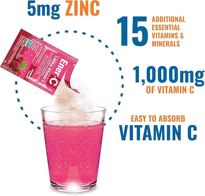 Ener-C Raspberry Multivitamin Drink Mix Powder Vitamin C 1000mg & Electrolytes with Real Fruit Juice Natural Energy & Immune Support for Women & Men - Non-GMO Vegan & Gluten Free - 30 Count