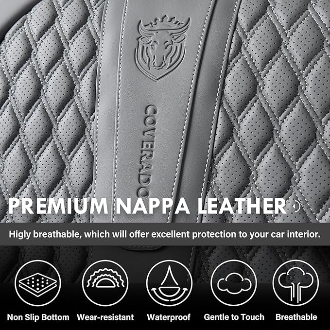 Coverado Car Seat Covers Full Set, Nappa Leather Seat Covers for Car, Waterproof Car Seat Protector with Lumbar Support, Automotive Seat Covers Universal Fit for Most Cars SUV Trucks (Gray)