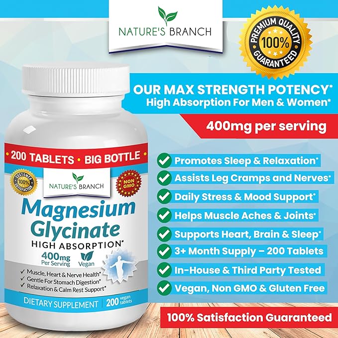 Magnesium Glycinate 400 mg - 200 Tablets - High Absorption, Non Buffered Bisglycinate Mag Supplement for Sleep, Leg Cramps, Heart, Ease Muscles, Calm Headaches for Women and Men, Non Powder Capsules