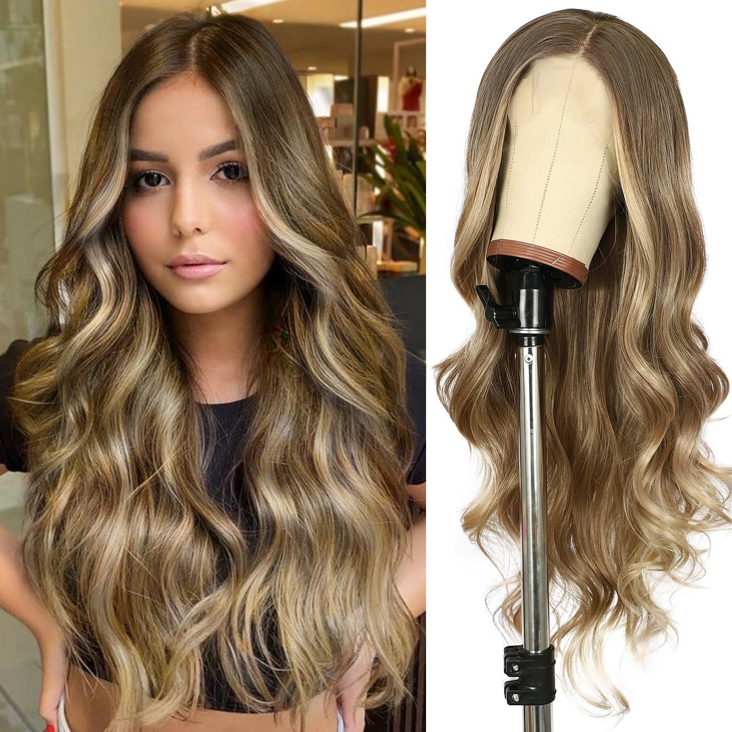 Sapphirewigs Brown Lace Front Wigs Long Body Wave Pre-Plucked Hairline Brown Wig With Ash Blonde Tips Synthetic Wigs For Women H