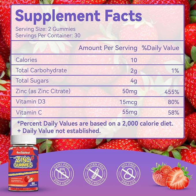 Zinc Gummies, Zinc 50mg, Zinc Citrate, with Vitamin C, Vitamin D3, Non-GMOs, Gluten Free, Strawberry Flavor Gummies, 60 Count (Pack of 2)