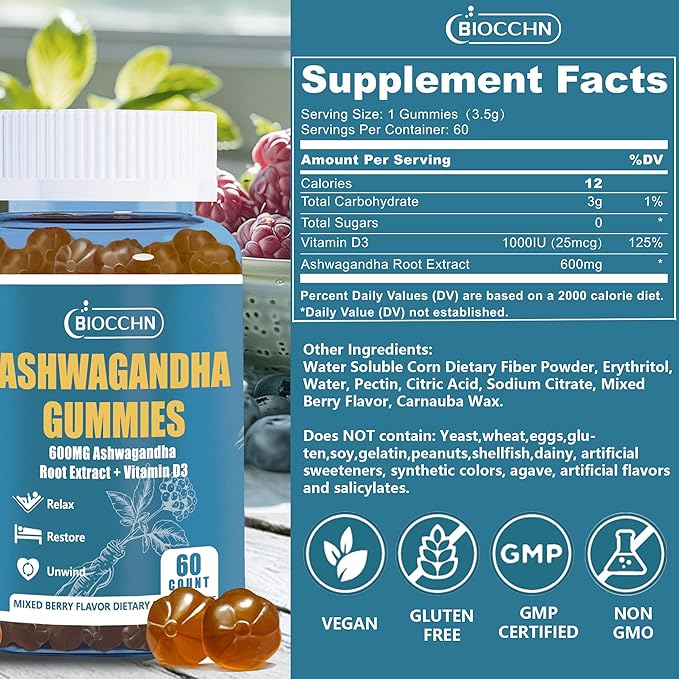 Ashwagandha Vitamin D3 Gummies, Vitamin D3 1000IU＆ Ashwagandha Supplements Gummies for Women Men(Non-GMO & Gluten Free,Sugar Free)