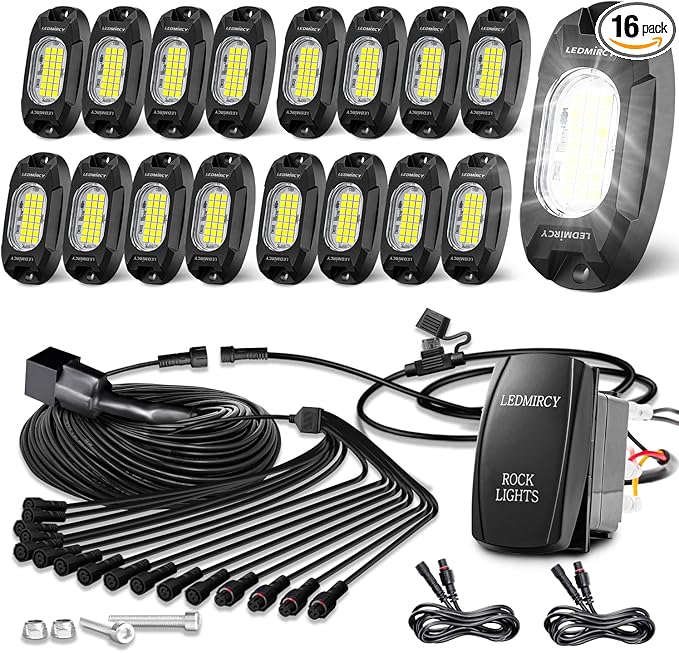 White Rock Lights,LEDMIRCY R6 LED Pure White Rock Lights 16PCS with Rocker Switch Wire Harness Kit Super Brigh Luces para Carro for Trucks UTV Off Road Boat ATV High Power Light Waterproof Shockproof