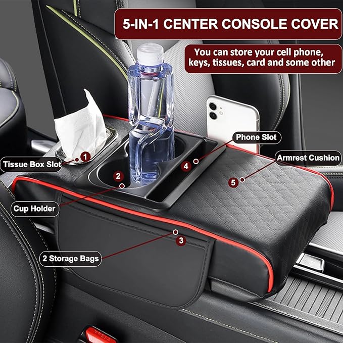 Center Console Cover,Car Armrest Cushion Multifunctional with 2 Storage Bags Cup Holder,Phone Slot,Tissue Box Slot for Most Cars Accessories Interior Organizers-Black+Red 13.8x7.9 in