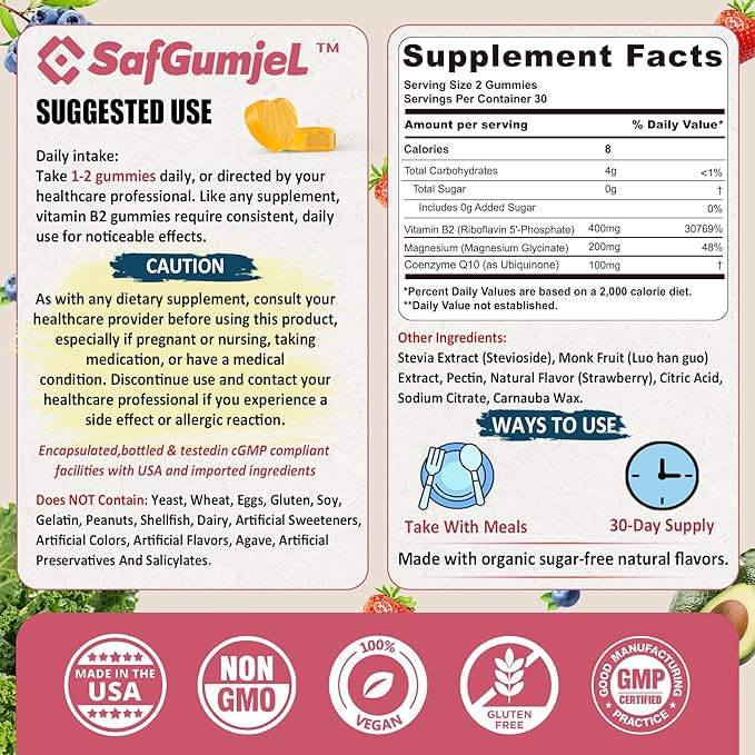 Vitamin B2 Gummies, Riboflavin 400mg for Adults & Kids with Magnesium & CoQ10 for Energy & Nervous System Support, Sugar Free B2 Vitamin VIT B, Non GMO, Vegan, 120 Counts