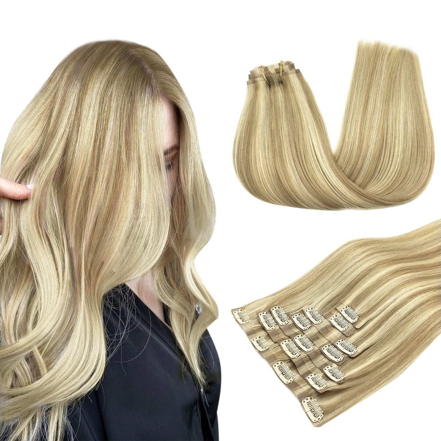 Maxita Hair Extensions Clip In Human Hair, 130G 7Pcs Light Blonde Highlighted Golden Blonde 18 Inch, Clip In Hair Extensions Rea