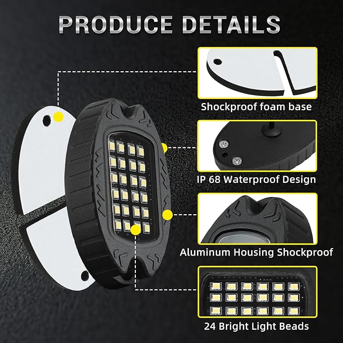 12 Pods Pure White LED Rock Lights with Power Swith Wiring Harness, Waterproof Rust Proof 6600K Super Bright Pure Lighting Aluminum Underglow Kit for Truck Trailer Pickup Offroad ATV UTV