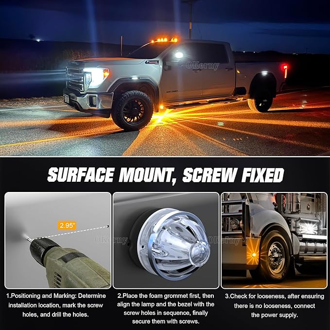 8-Pack Dual Color LED Watermelon Lights 3 Modes Amber White Steady & Alternating Strobe with Metal Bezel 12V 24V Side Marker Clearance Turn Signal Lights for Truck Trailer RV Off Road