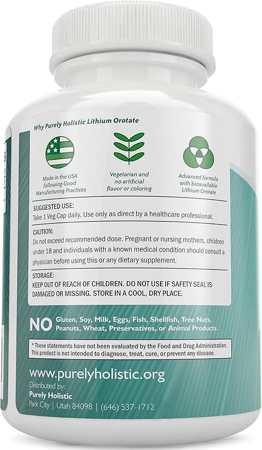 Lithium Orotate 5mg, 180 Vegetarian Lithium Capsules, Supplement Lithium Orotate 5mg, 180 Vegetarian Lithium Capsules, Helps Maintain Healthy Mood, Behavior Memory and Wellness