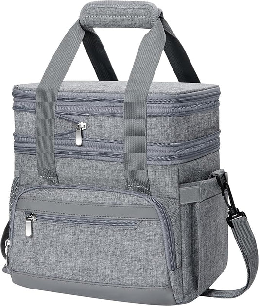 Insulated Lunch Box for Men & Women - Double Layer Leakproof Lunch Bag with Adjustable Shoulder Strap, Expandable Food Cooler for Work, Office, Travel, Camping (Grey)