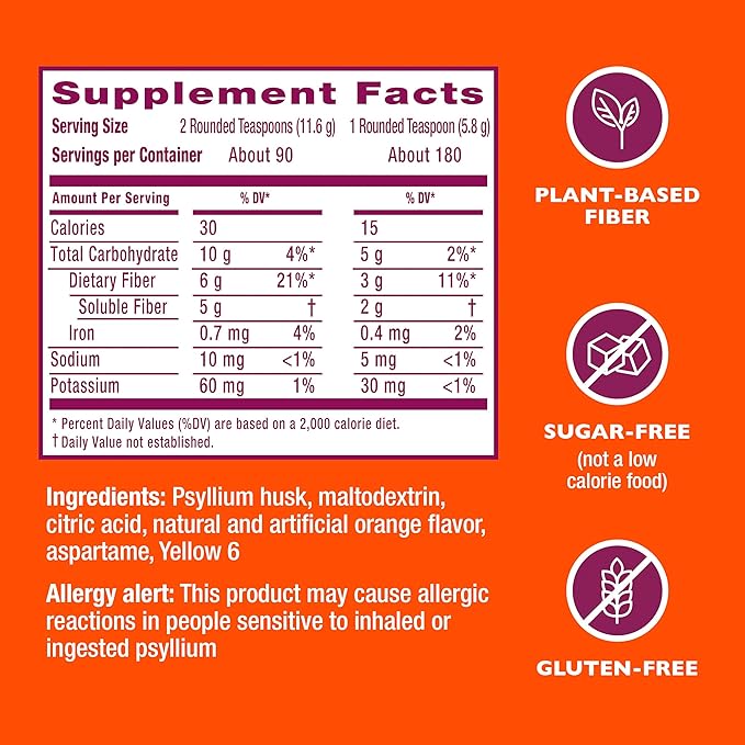 Metamucil 4 in 1 Daily Fiber Supplement Powder, Fiber Powder for Digestive Health and Regularity*, Sugar-Free, Orange, Naturally Sourced Psyllium Fiber, 180 teaspoons