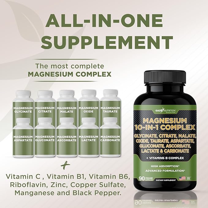 Gade Nutrition Magnesium Complex 10 in 1 with Magnesium Glycinate, Citrate, Malate, Oxide, Taurate, Aspartate, Gluconate Ascorbate Lactate Carbonate Zinc Copper Manganese & Vitamin C B1 B2 B6