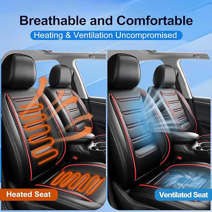 Fit Ridgeline Car Seat Covers for Select Honda Ridgeline 2007-2026 - Premium Full Coverage Leather, Airbag Compatible, Waterproof & All Weather Seat Cushion Protector, Full Set, Red Trim