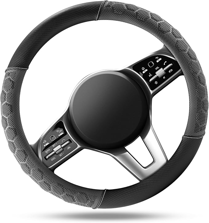 PIC AUTO Massage Steering Wheel Cover, Gray Football Pattern Material Spliced Leather Car Steering Wheel Protector, Car Interior Accessories, Universal Fit 14.5"-15.5" for Cars, Trucks, Van, SUV