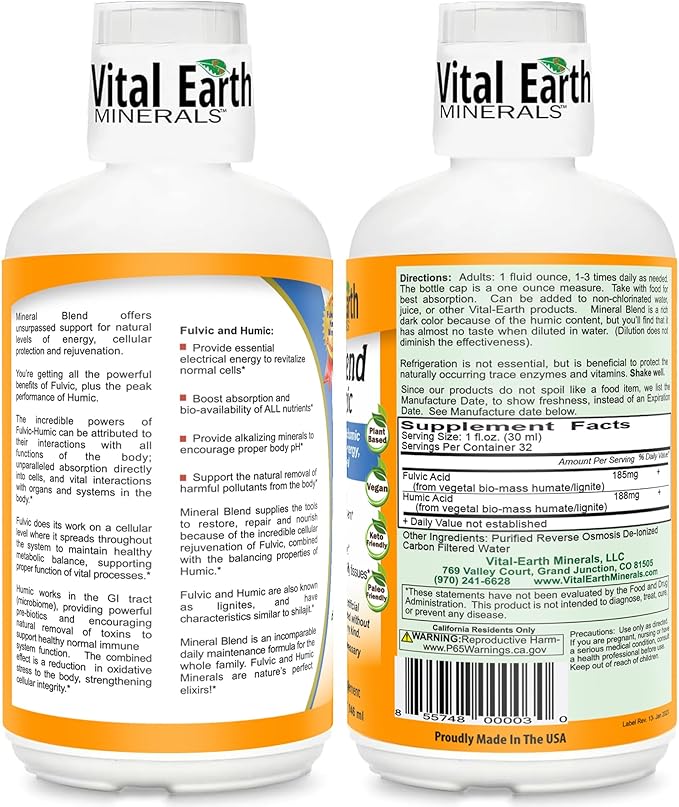 Vital Earth Minerals Fulvic Humic Mineral Blend Liquid – Fulvic Acid Supplement with 70+ Trace Minerals, Electrolytes for Recovery, Balance & Energy, 32 Oz + 1 Oz Cup