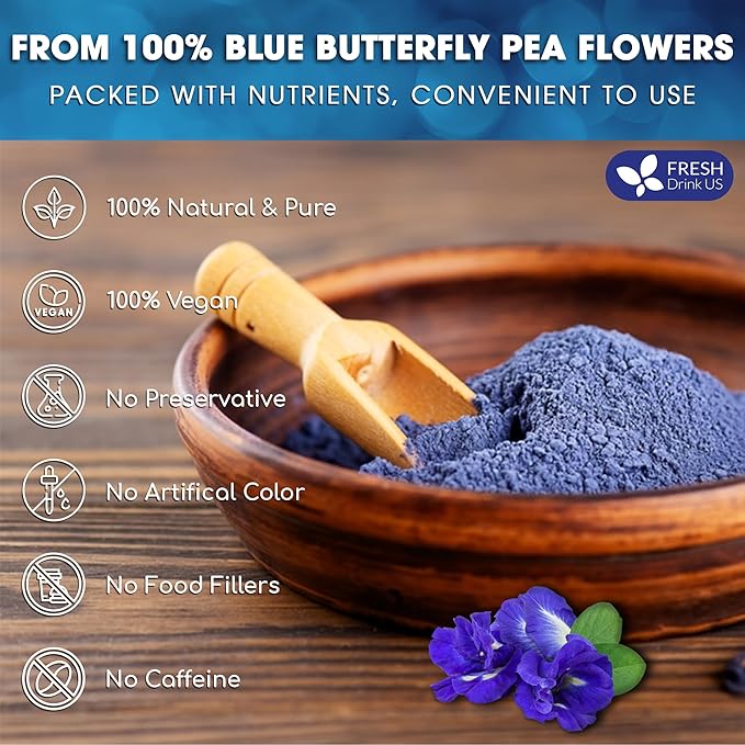 FRESHDRINKUS 6.5oz Butterfly Pea Flower Powder, 100% Natural and Pure, No Additives, No Gluten, No Sugar, Vegan