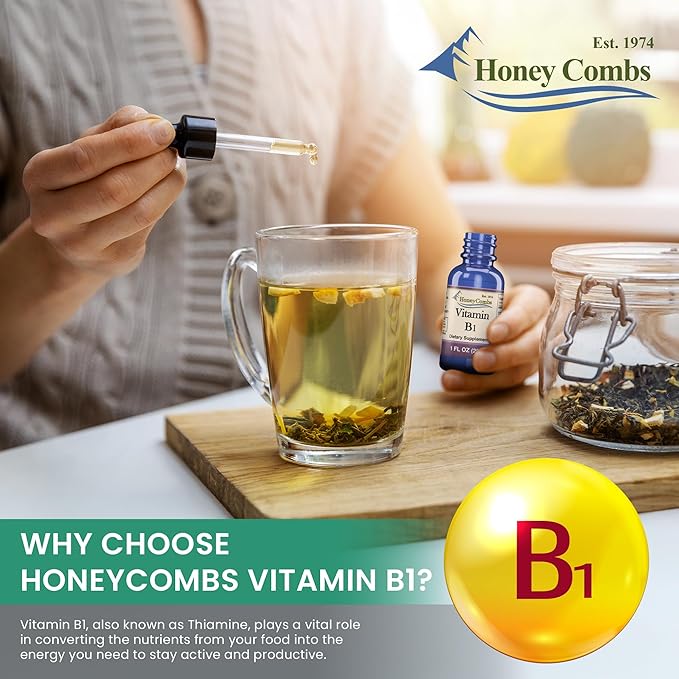 HoneyCombs Vitamin B1 Supplement (Thiamine) Liquid Drops - High Potency Thiamine B1 Supplement for Men & Women - Maintain Nervous System, Energy & Overall Health - Vegan Liquid B Vitamins (16 Fl oz)
