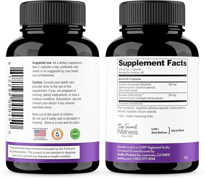 Sandhu's Quercetin with Bromelain Supplement - 1000mg Per Serving 120 Vegetarian Capsules (Pack of 3) - Bioflavonoids Quercitin Complex for Immune Support & Respiratory Health