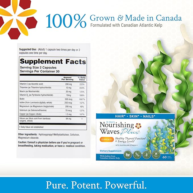 Nourishing Waves Plus - Thyroid Support Supplement with Kelp, Iodine, Selenium & Biotin - Vitamin B Complex (B1, B3, B6) for Healthy Hair, Skin & Nails for Men & Women, Prevent Hair Loss - 60 Capsules