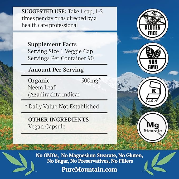Pure Mountain Botanicals Neem Capsules - 90 Kosher Vegan Caps with 500mg Organic Neem Leaf Supplement