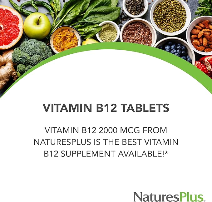 Natures Plus Vitamin B12 (Methylcobalamin), Sustained Release - 2000 mcg, 60 Vegetarian Tablets - High Potency Red Blood Cell Support - Natural Energy Booster - Gluten-Free - 60 Servings