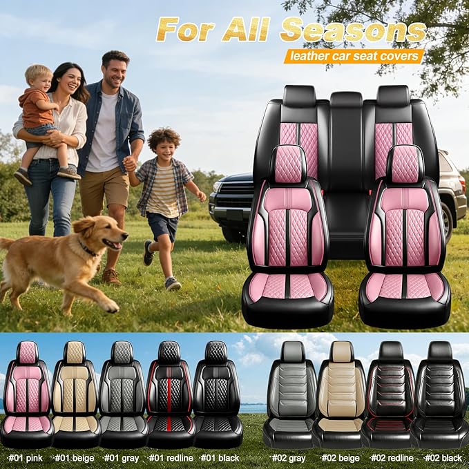 Fit Equinox Car Seat Covers for Select Chevrolet/Chevy Equinox 2007-2026, Premium Full Coverage Leather, Airbag Compatible, Waterproof All Weather Seat Cushion Protector, Full Set, Black+Pink