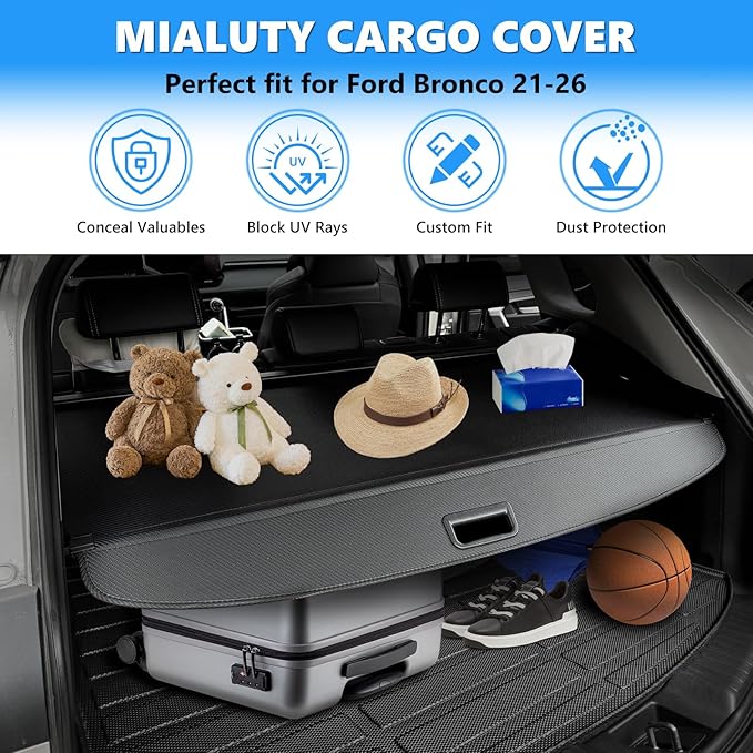 MIALUTY® Cargo Cover for 2021-2026 Ford Bronco 4-Door Soft Hard Top Retractable Trunk Cover Bronco Accessories Anti-Peeping Privacy Screen, Carbon Fiber Texture(Not for Bronco Sport & Bronco 2-Door)