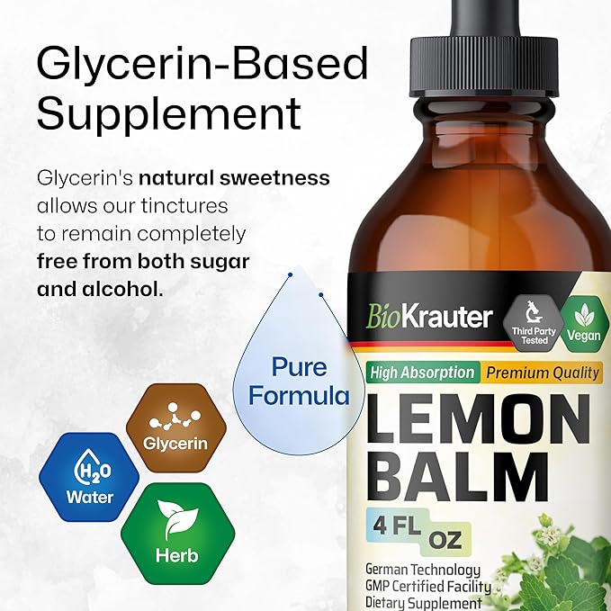 BIO KRAUTER Lemon Balm Leaf Extract - Vegan Melissa Lemon Balm Tincture for Calmness Support - Sugar & Alcohol-Free - 4 Fl. Oz.