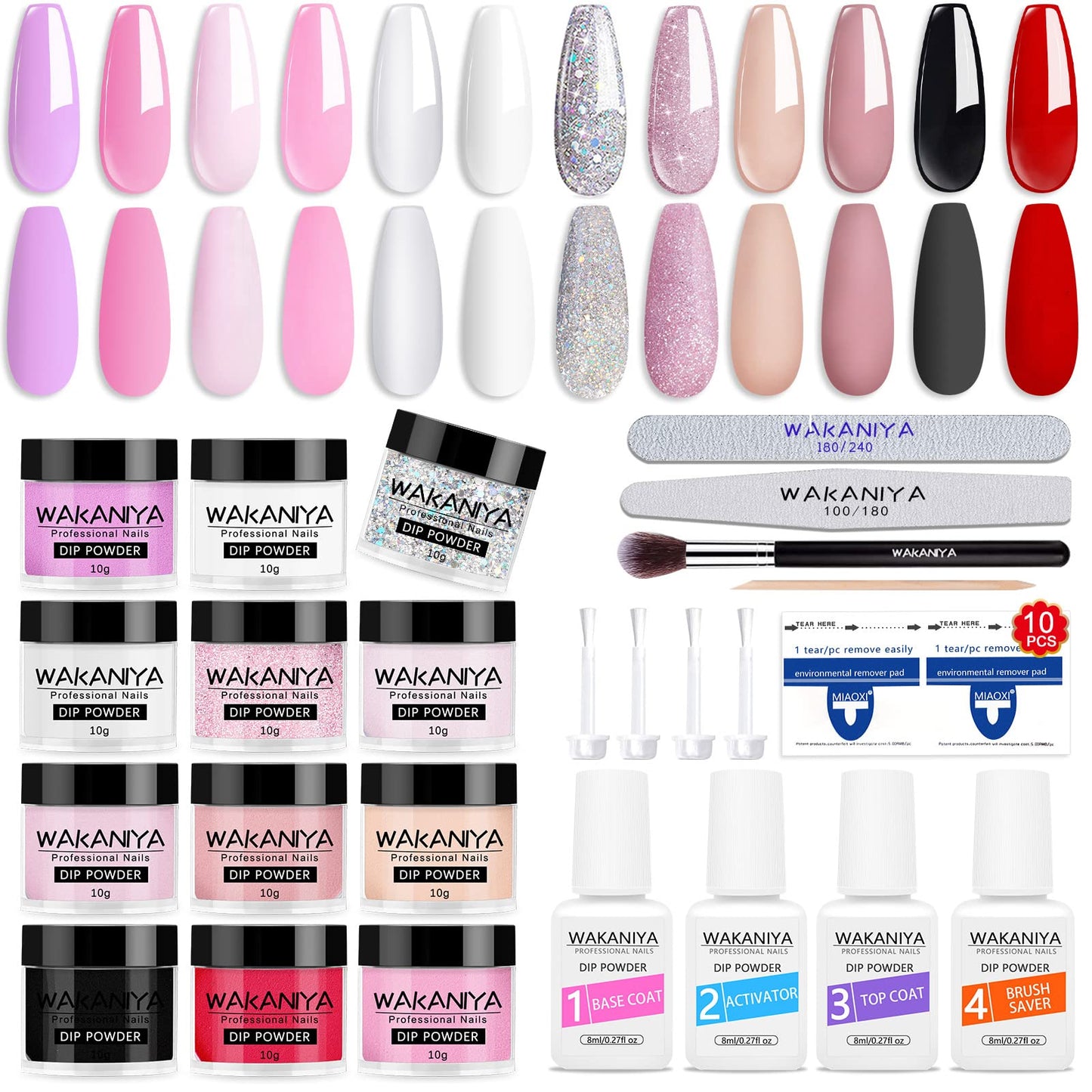 Wakaniya Dip Powder Nail Kit-12 Colors Dip Manicure Kit Pure And Glitter Dipping Powder Set With Base Top Coat For Professionals
